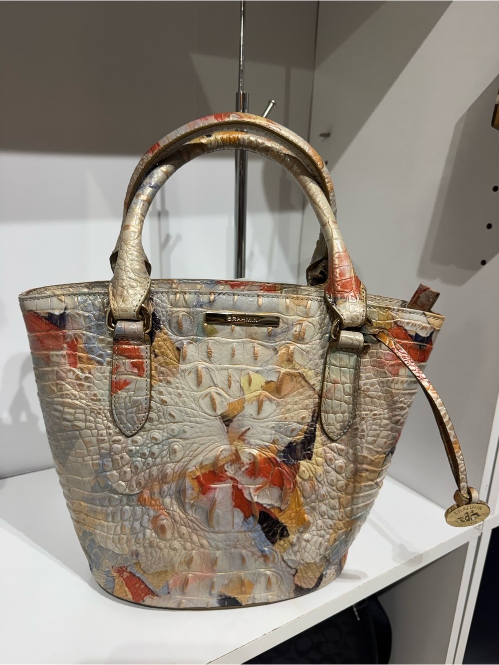 Brahmin Mod Bowie Multicolor Croc-Embossed Leather Tote in Cream, Red & Yellow